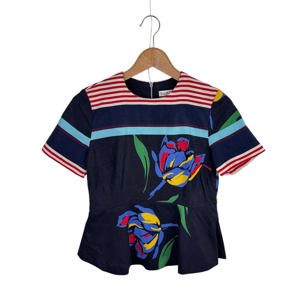 Suno Striped Floral Peplum Top